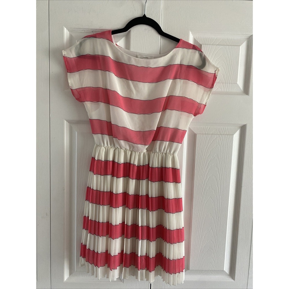 Poema Striped Pleated Dress Womens Size S Pink White Short Sleeve Chiffon Paris